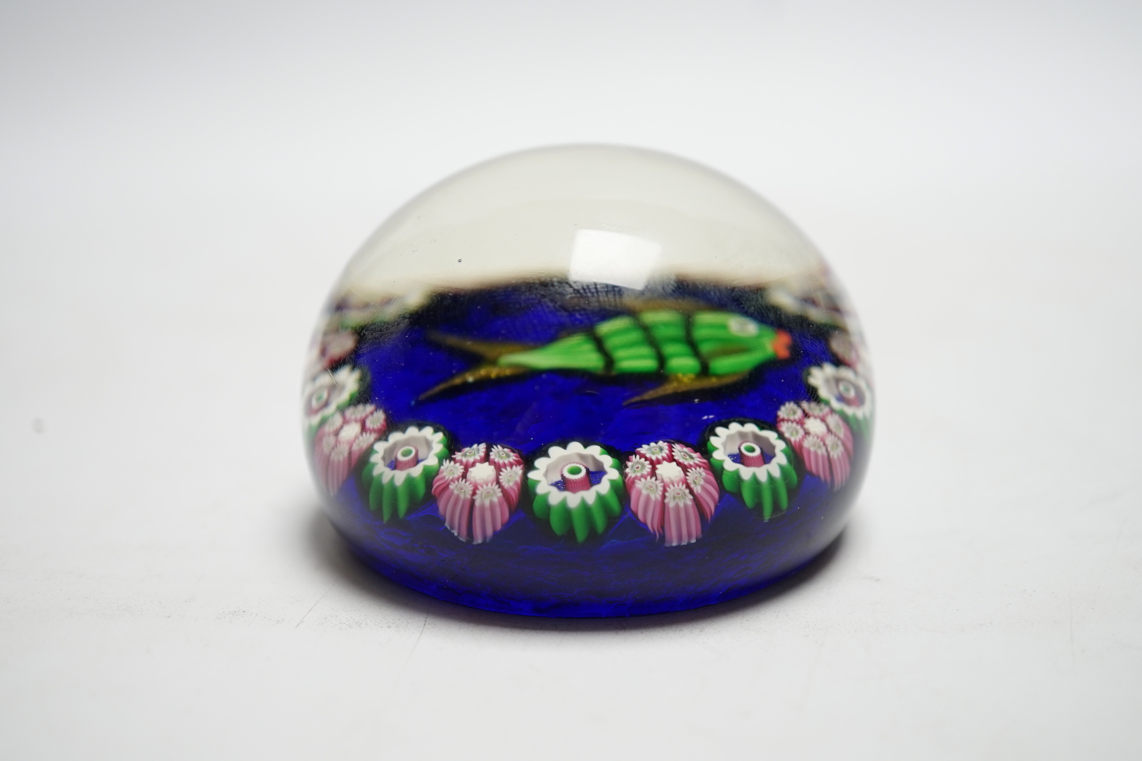 A Paul Ysart ‘green fish’ glass paperweight, post-war Moncrieff period, blue translucent ground, 7.5cm